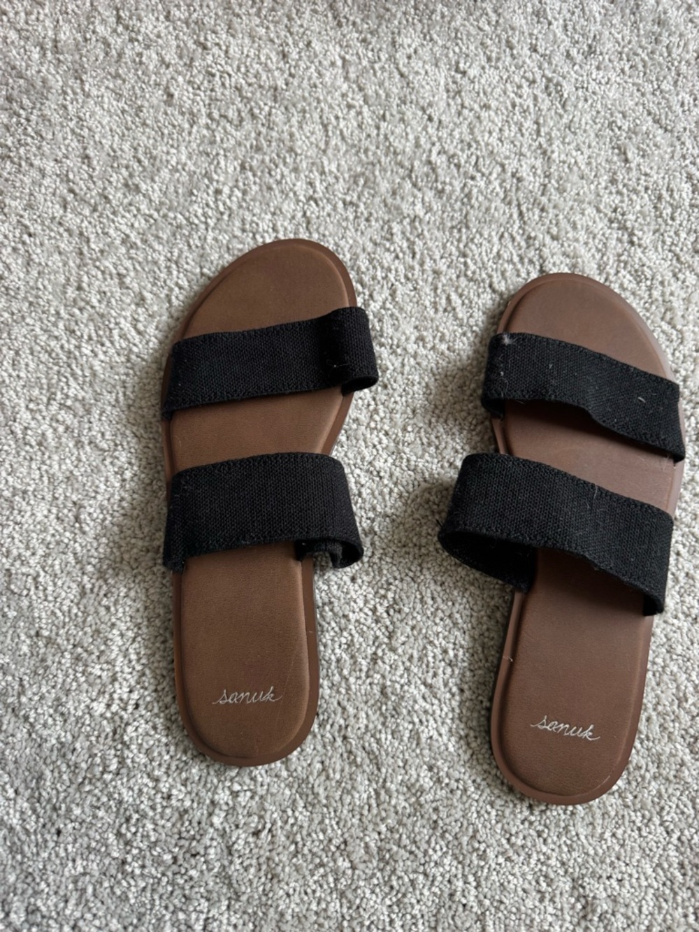 Sanuk Brown Footbed Black Double-Strap Slide Sandals